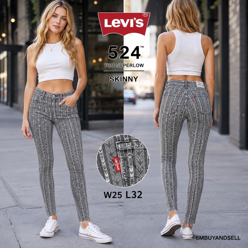 Levis 524 Too Superlow Skinny Jeans Grey Tribal Print W25 L32 Low Rise 11507-021